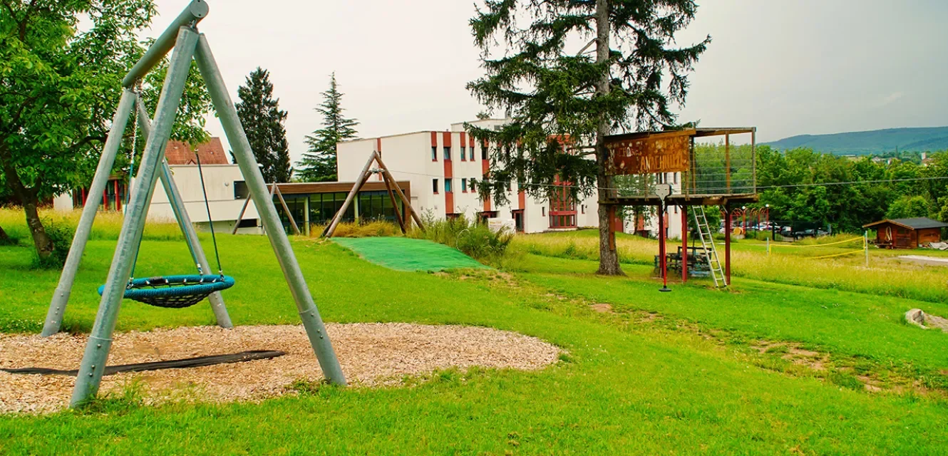 Eine Schaukel auf einer großen Wiese