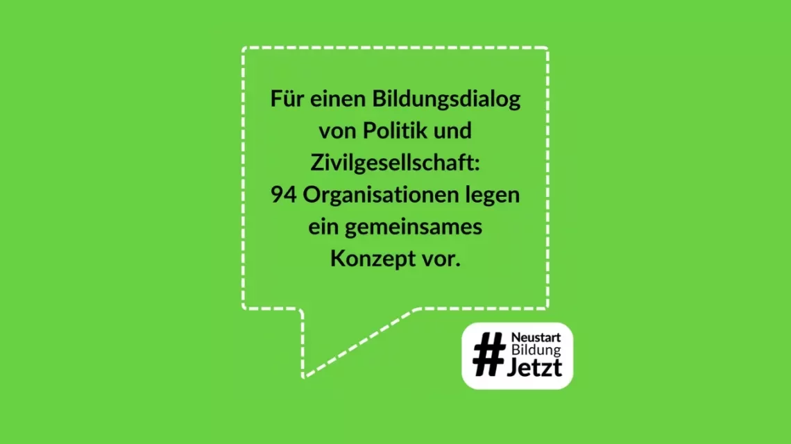 Eine Sprechblase ist auf einer grünen Fläche platziert. Darin steht: Neustart Bildung Jetzt