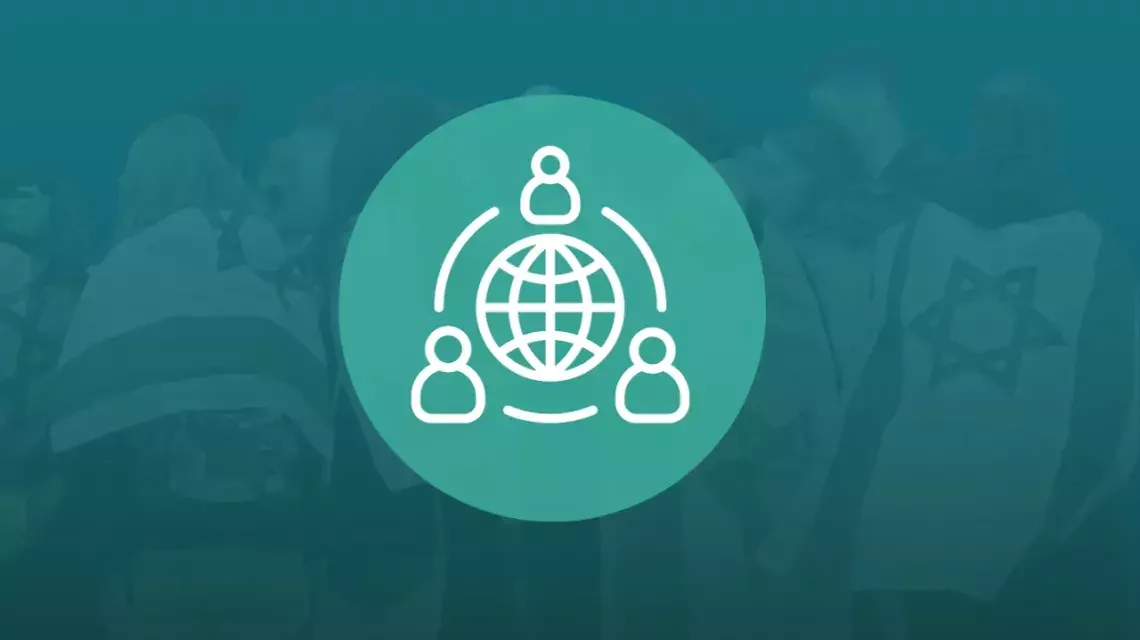 Icon mit drei Figuren um Weltkugel