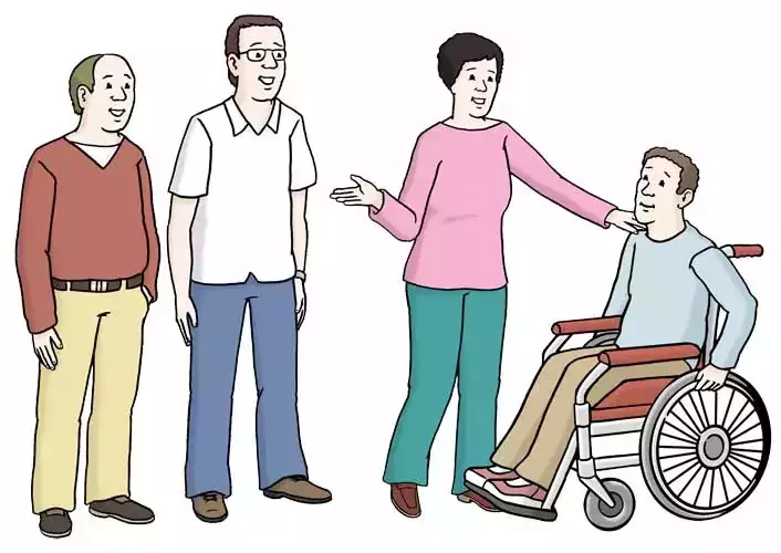 Illustration Helfer unterstützen Mann im Rollstuhl