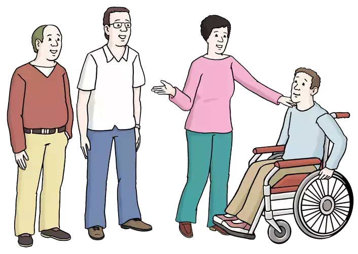 Illustration Mann im Rollstuhl wird in Gruppe integriert