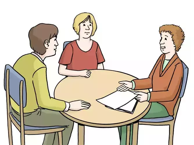 Illustration Berater spricht mit zwei Menschen am Tisch