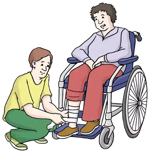 Illustration Pfleger hilft Frau im Rollstuhl