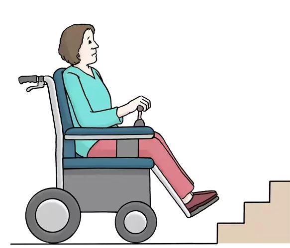 Illustration Frau im Rollstuhl vor Treppe