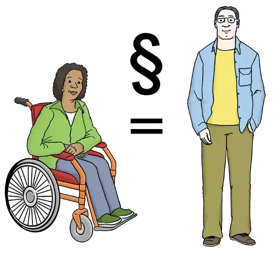 Illustration von Gleichberechtigung von Frau im Rollstuhl und Mann ohne Rollstuhl