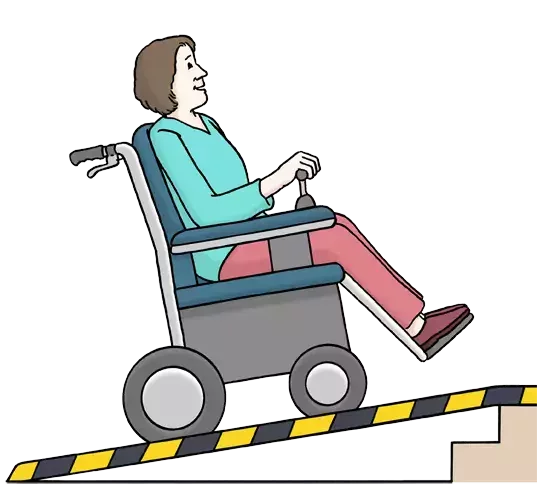 Illustration einer Frau im Rollstuhl auf einer Rampe