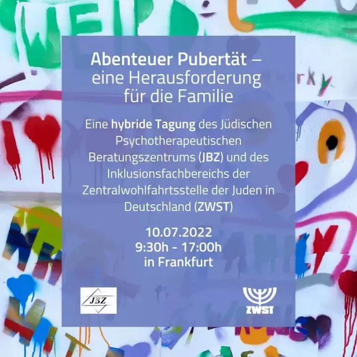 Bunte Schrift im Hintergrund, davor Daten zur Tagung über Pubertät